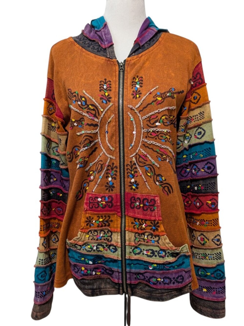 Rising International Womens Size L Boho Sun Embroidered Sequins Full Zip Hoodie